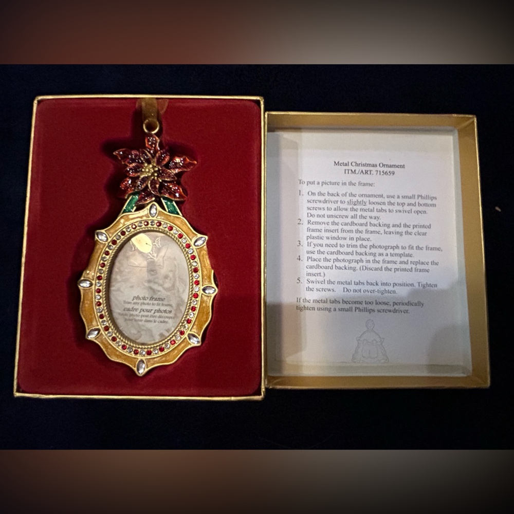 COPY - Costco Christmas Ornament 715659 NIB Poinsettia Gold Oval Frame with Rhi…